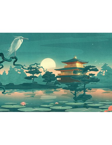 SET DE TABLE, Déco, Peinture japonaise, Coucher de soleil sur le lac