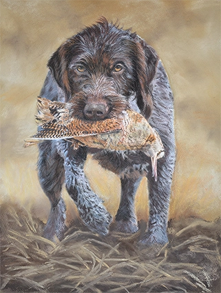 Peinture d'un chien de chasse braque allemand ramenant une bécasse des bois