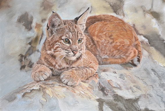 Œuvre d'art animalier, représentant un lynx roux couché